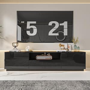 Black Mirror Finished Wood TV Stand, Entertainment Center, TV Console for TVs up to 75 in. with 4-Drawers, 1-Shelf Light