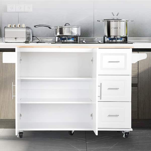 Staykiwi White MDF Kitchen Cart with Extendable Rubber Wood Tabletop, Adjustable Shelf