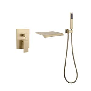 Single-Handle Wall-Mount Roman Tub Faucet with Hand Shower 3-Hole Waterfall Brass Tub Fillers in. Brushed Gold