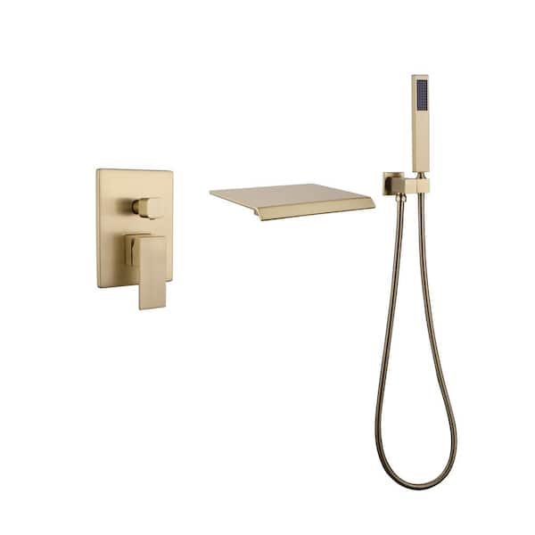 Single-Handle Wall-Mount Roman Tub Faucet with Hand Shower 3-Hole Waterfall Brass Tub Fillers in. Brushed Gold