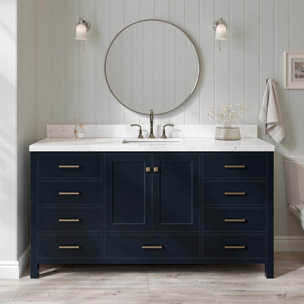 ARIEL Cambridge 66.25 in. W x 22 in. D x 36 in H Single Sink Freestanding  Bath Vanity in Midnight Blue with Carrara Quartz Top A066SCQRVOMNB - The 
