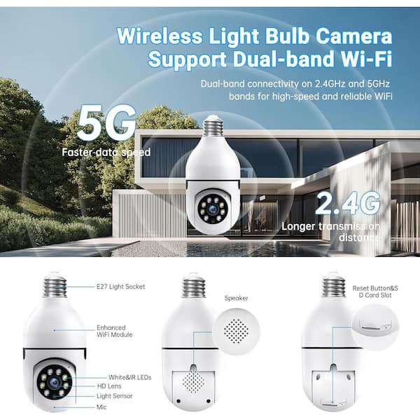 Indoor/Outdoor 2. 4G/5GHz WiFi 2K Light Bulb Security Camera