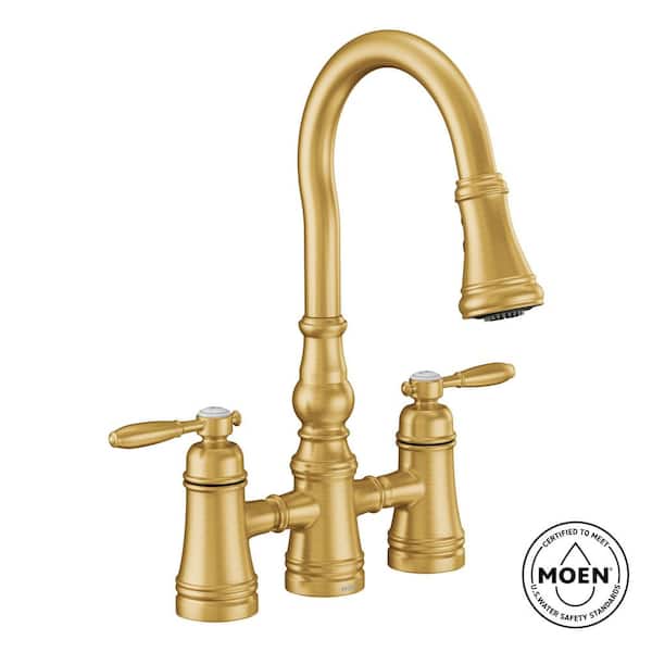 Weymouth 2-Handle High-Arc Bridge Kitchen Faucet with Power Boost in Brushed Gold