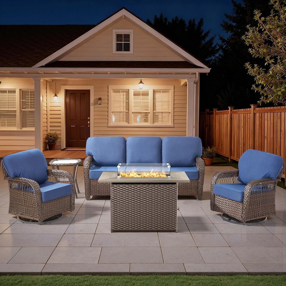 Tyber 5-Piece Brown Wicker Patio Conversation Sets Wicker Patio Fire Pit Table Sectional Seating Set with Blue Cushions price history on PriceWatchPro