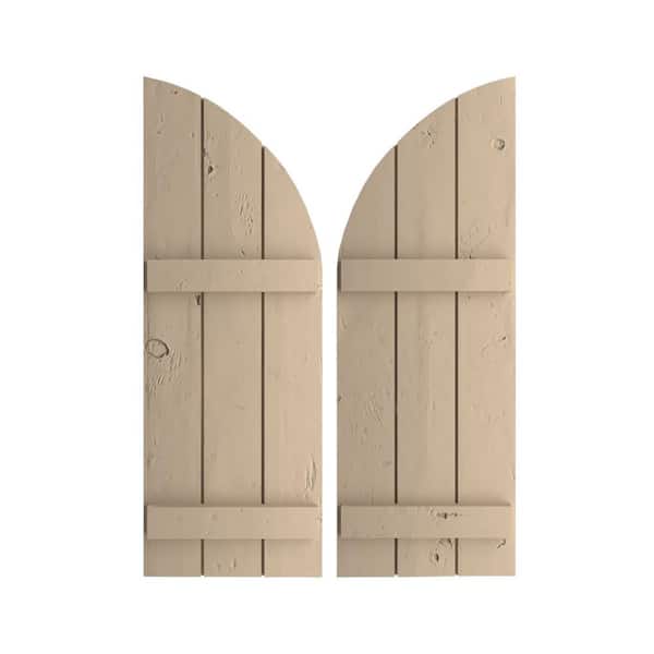Ekena Millwork 16-1/2 in. x 70 in. Polyurethane Knotty Pine 3-Board Joined Board-n-Batten Quarter Arch Top Shutters Primed Tan