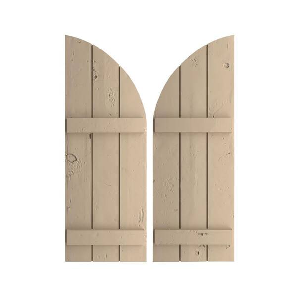 Ekena Millwork 16-1/2 in. x 88 in. Polyurethane Knotty Pin.e Three Board Join.ed Board-n-Batten Quarter Arch Top Shutters Primed Tan