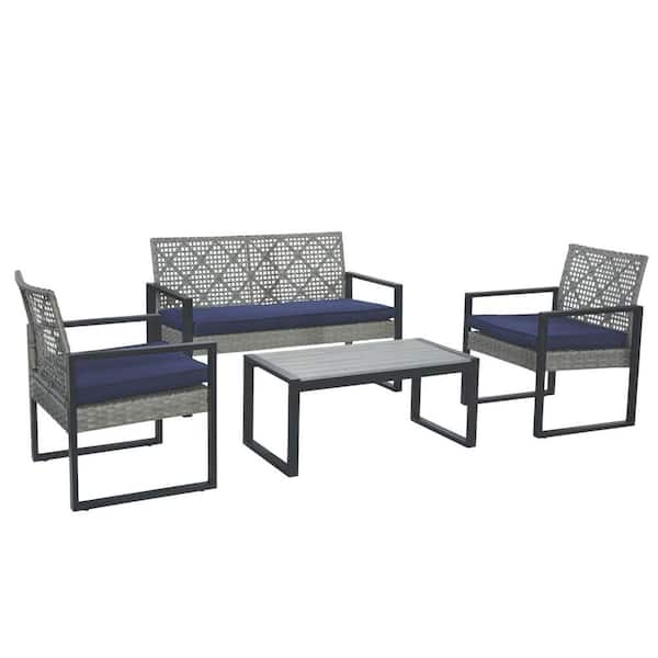 4-Piece Brown Wicker Patio Conversation Set with Coffee Table, Double Chair, Single Chair and Blue Cushion