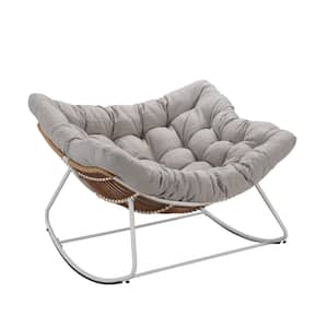 White Metal Outdoor Rocking Chair with Light Grey Cushions