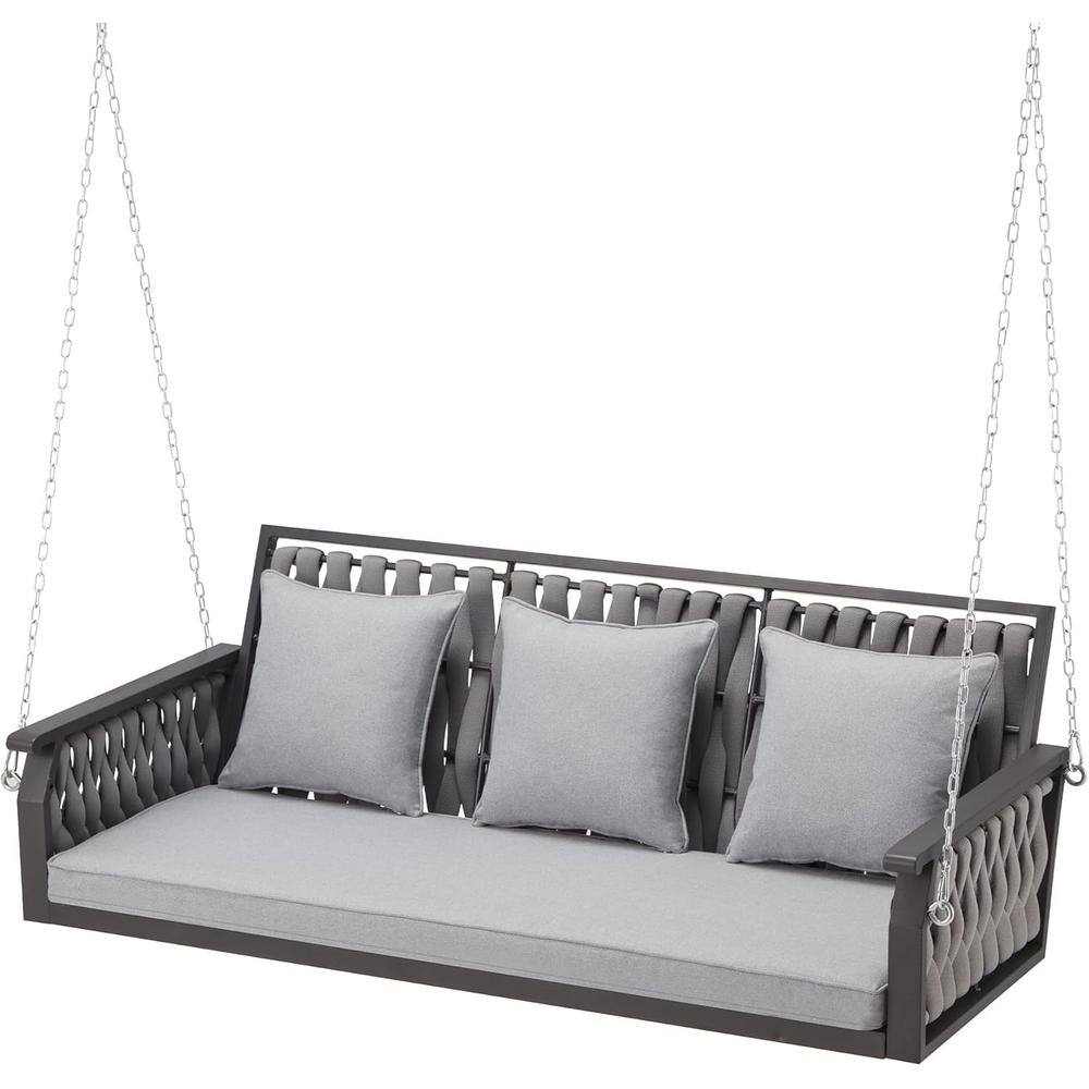 3-Seat Woven Rope Hanging Porch Swing Outdoor, Metal Iron Patio Bench Swing