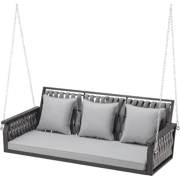 Unbranded 3-Seat Woven Rope Hanging Porch Swing Outdoor, Metal Iron Patio Bench Swing with Gray Cushions, Hanging Chains 850 lbs.