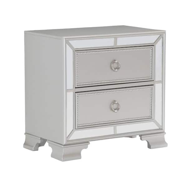 Benjara 28 in. 2-Drawer Silver Wooden Nightstand