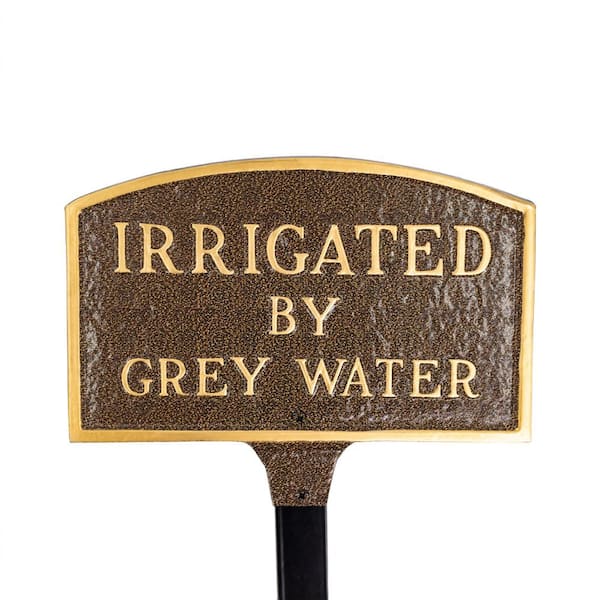 Montague Metal Products 5.5 in. x 9 in. Small Arch Irrigated by Grey Water Statement Plaque Sign with Lawn Stake - Hammered Bronze