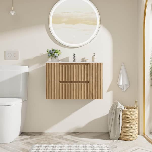 30 in. W Floating Wall Mounted Bath Vanity in Walnut with White Ceramic Top and U-shaped Drawers
