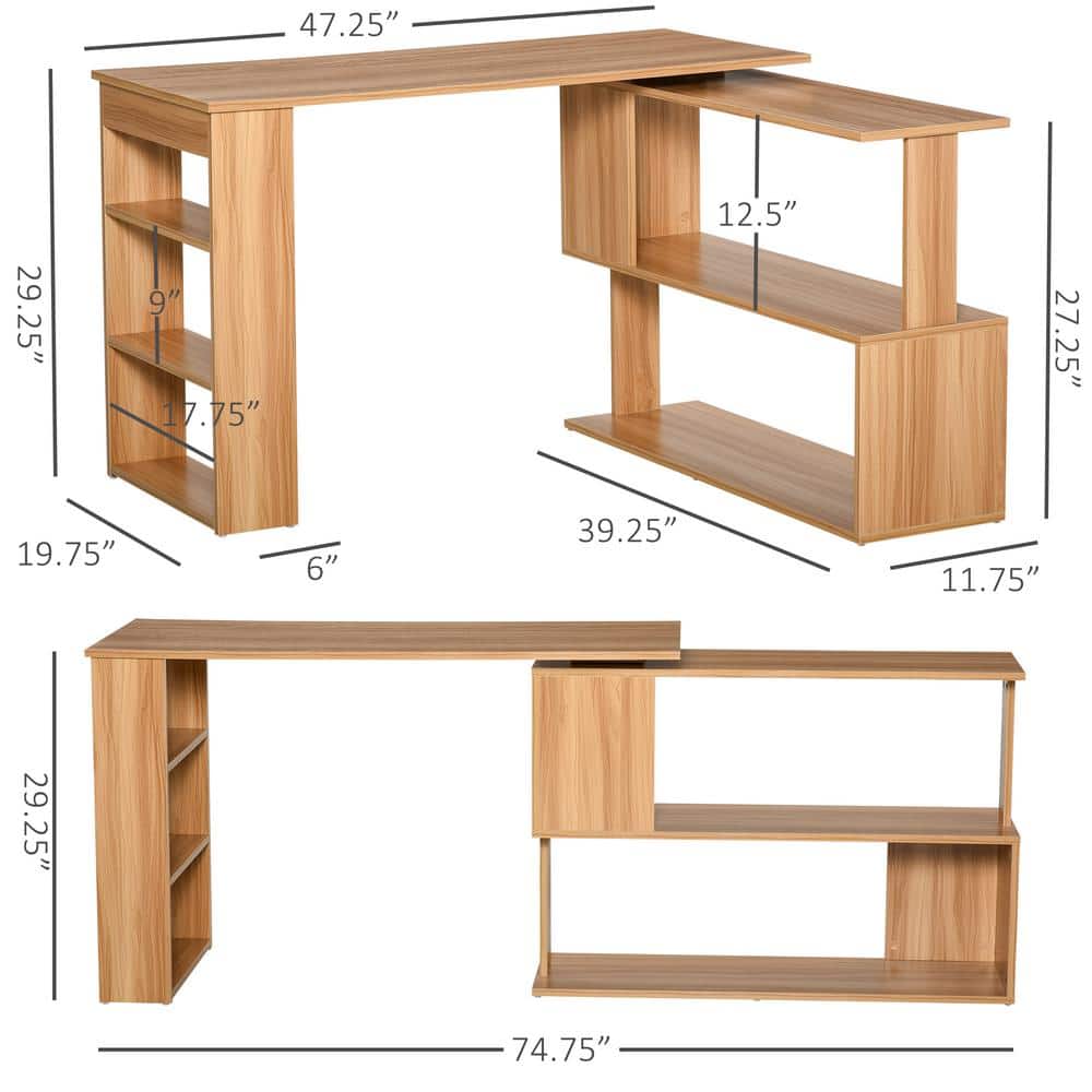 Modern Maple L-Shaped Rotating Corner Desk with Shelves