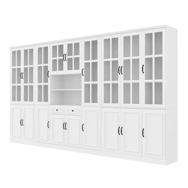 White Wood MDF 141.7 in. Wide Luxurious Wall Sideboard & Wine Rack with 30 Shelves & Tempered Glass Doors & 2 Drawers