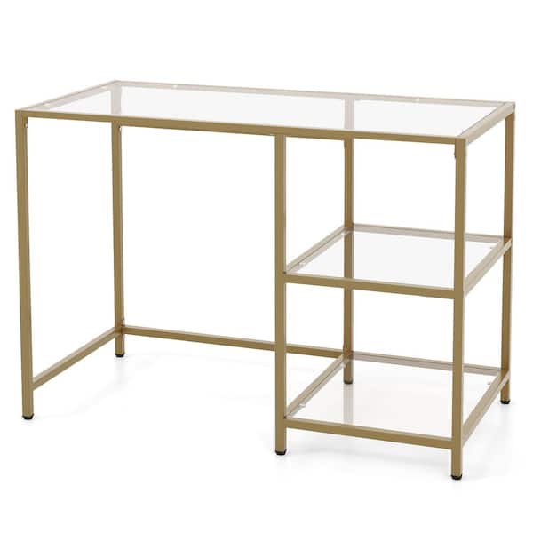 Gymax 42 in. W Rectangular Gold Computer Desk Tempered Glass Workstation Vanity Table w/2-Tier Storage Shelves