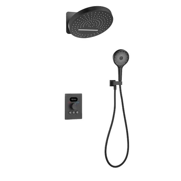 Unbranded 3-Spray 4.76 GPM 12.6 in. Wall Mount Fixed and Handheld Dual Shower Head with Thermostatic Shower Valve in Matte Black