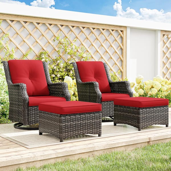 JOYSIDE 4-Piece Wicker Outdoor Pation Conversation Swivel Rocking Chair Set with Red Cushions