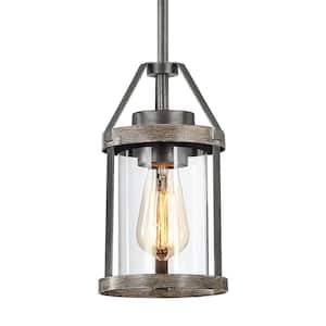 Madison 1-Light Natural Iron and Distressed Faux Wood Farmhouse Mini-Pendant with Clear Glass Shade
