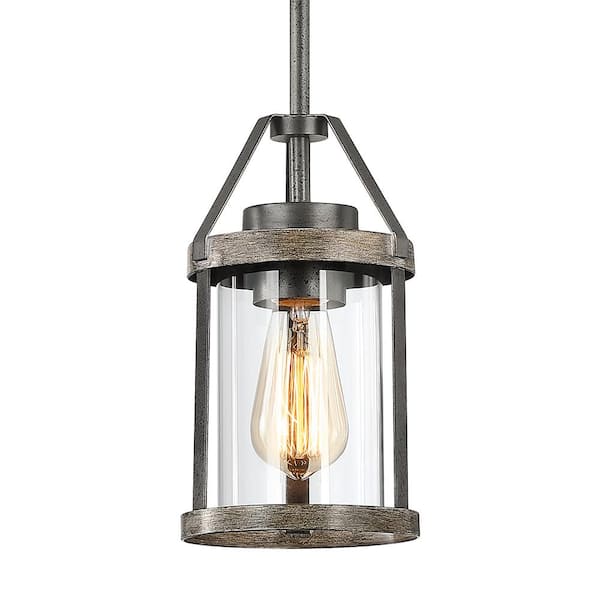 TRUE FINE Madison 1-Light Natural Iron and Distressed Faux Wood Farmhouse Mini-Pendant with Clear Glass Shade