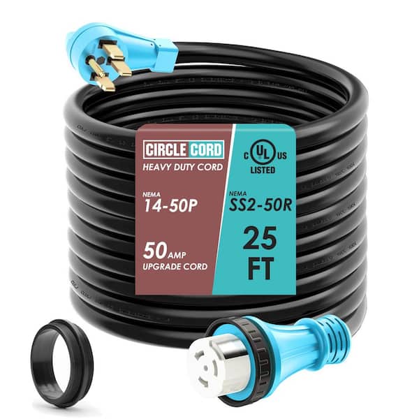 50 Amp 25 ft. Generator Cord with Locking Connector, 6/3+8/1 Gauge STW Wire 14-50P Male and SS2-50R Twist Locking Female