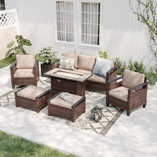 Sonkuki 6 Pieces Brown Wicker Sand Cushion Patio Conversation Set with Rectangle Firepit Table and Ottomans