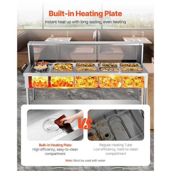 7-Pan + 2-Pot Commercial Food Warmer, 1800 W Buffet Catering Steam Table, Stainless Steel, Undershelf Shield and Wheels