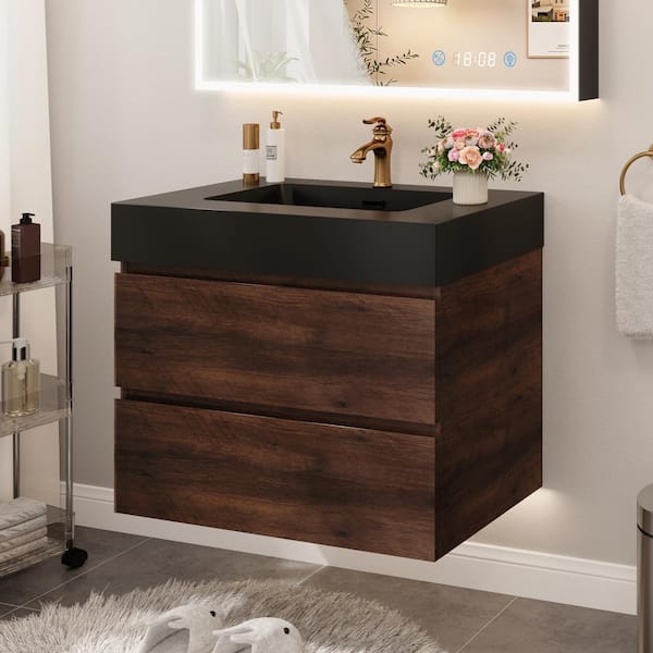 30 in. W Single Sink Floating Bath Vanity in Walnut with Black Solid Surface Top, Assembled