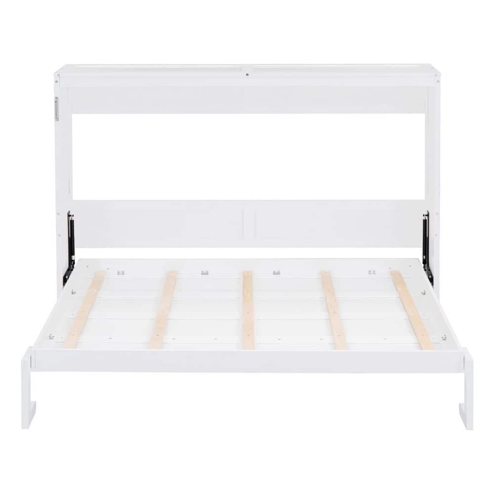 White Wood Frame Queen Size Murphy Bed, Wall Bed Folded into a Cabinet - thumbnail 4