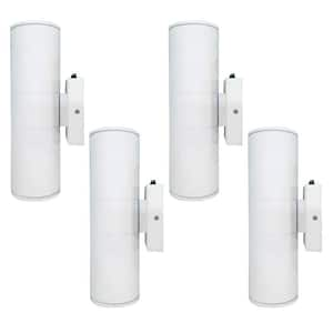 12 in. 2-Light White Cylinder Dusk to Dawn Outdoor Hardwired Wall Lantern Sconce with Integrated LED Lights (4-Pack)