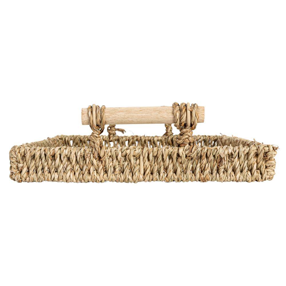 Natural Seagrass and Wood Rectangular Serving Tray Set with Handles