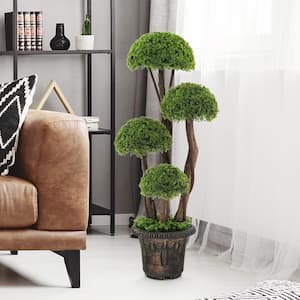 3 ft. Artificial Cedar Topiary Tree Indoor and Outdoor Fake Topiary Cypress Plant with Rattan Trunk Cement Filled Pot