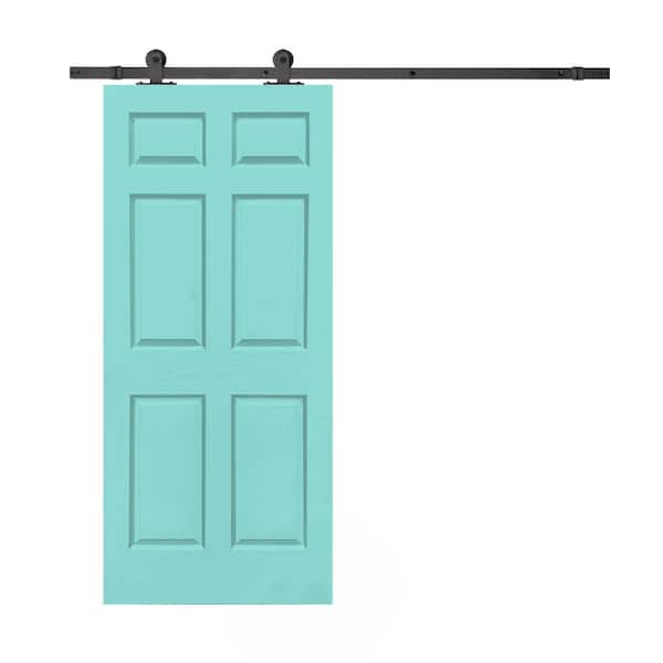 CALHOME 36 in. x 80 in. Mint Green Stained Composite MDF 6-Panel Interior Sliding Barn Door with Hardware Kit