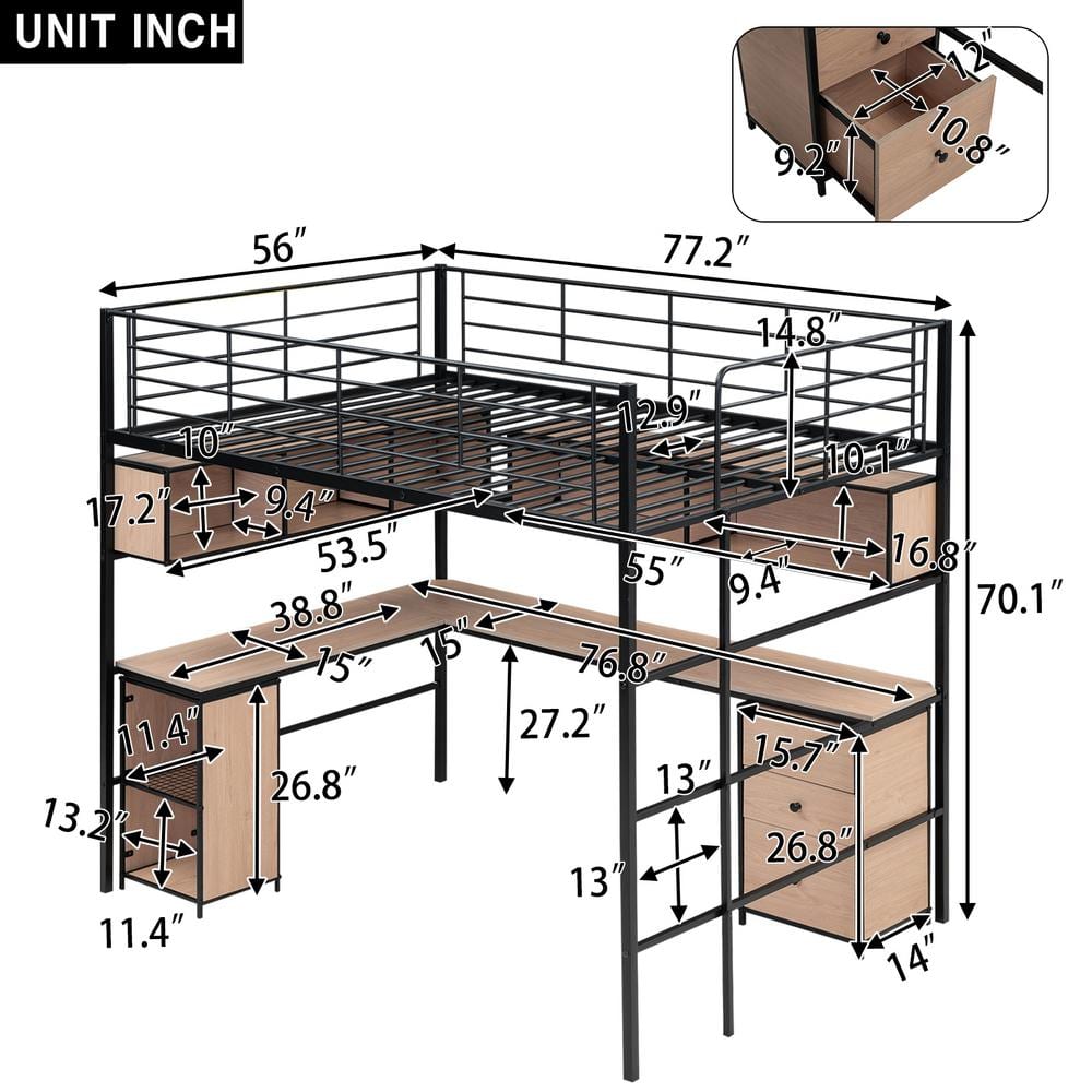 Black Metal Full Loft Bed with Bookcase and Desk