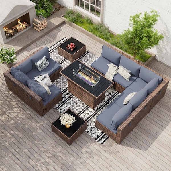 8-Person Brown Wicker Outdoor Sectional Set with Fire Pit Table, 2 Coffee Tables and Gray Cushions