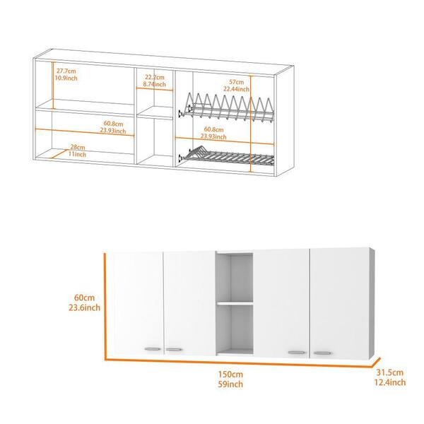 Amucolo 59.05 in. W x 12.4 in. D x 23.62 in. H White Wood Ready to Assemble Wall Kitchen Cabinet with Shelves and 4-Doors