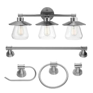 Nate 3-Light Brushed Steel Vanity Light With Clear Glass Shades and Bath Set