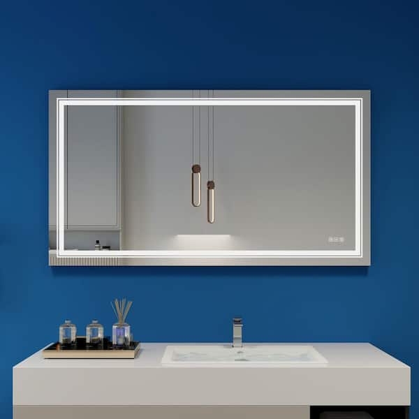 SJ STAR&JANE 55 in. W x 30 in. H Rectangular Frameless Wall Mounted Anti-Fog Dimmable LED Light Wall Bathroom Vanity Mirror