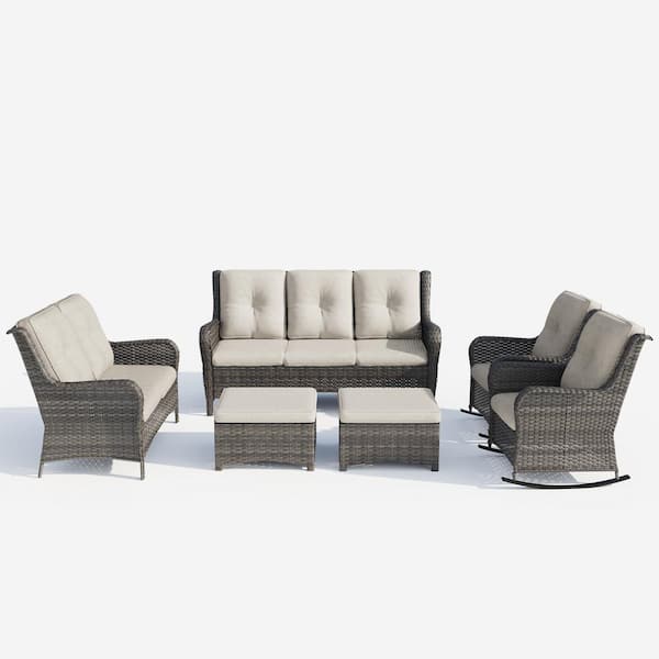 Brown 6-Piece Wicker Outdoor Patio Conversation Set with Beige Cushions and Rocking Chairs
