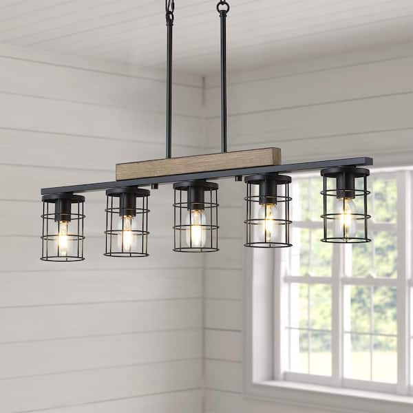aiwen 36.22-Inch 5-Light Kitchen Island Black Chandeliers Farmhouse Linear Hanging Light Over ...