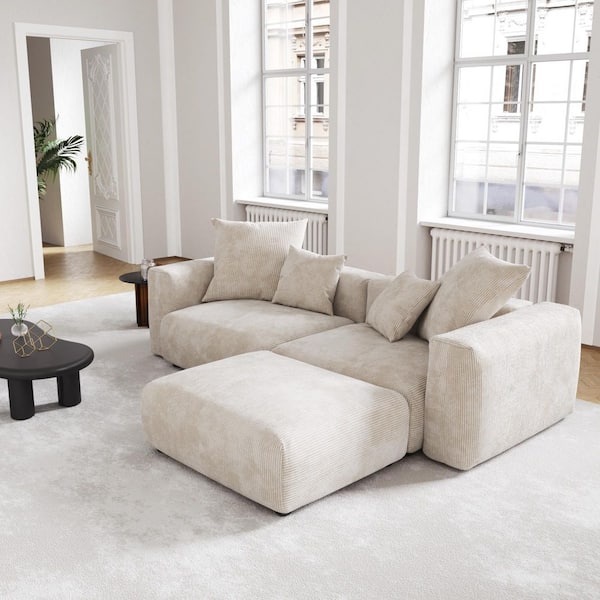 Modern 102 in. Square Arm 3-piece Modular Corduroy Sectional Sofa Oversized L-shaped Floor Couch with Ottomans in Beige