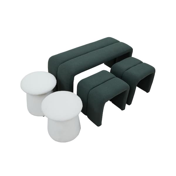 CSC DECOR INC Ottoman Green Fabric U-Shape Bench Set Modern Living Room Upholstered Bench White Mushroom-like Ottoman Footrests