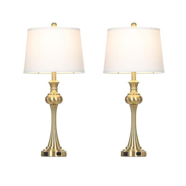 Bedside 28.75 in. Gold Brass Dimmable Table Lamps Set with USB and Type-C AC Outlet Touch Control LED Bulbs (Set of 2)
