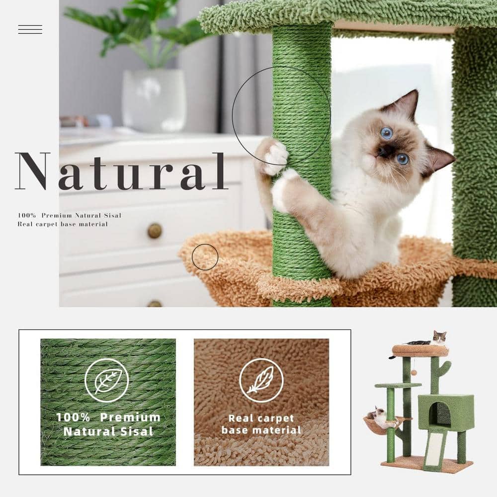 41-Inch Green and Beige Sisal Cactus Cat Tower with Cozy Condo