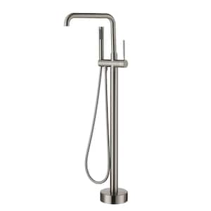 Modern Sleek Floor Mount Single-Handle Freestanding Tub Faucet with Hand Shower and Water Supply Hoses in Brushed Nickel