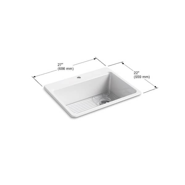 KOHLER Riverby Drop-In Cast Iron 25 in. 1-Hole Single Bowl Kitchen Sink in  White with Basin Rack K-5872-1A1-0 - The Home Depot