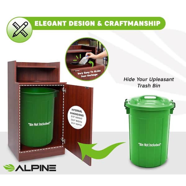 32 Gal. Mahogany Wooden Food Service Tray Top Industrial Waste Bin Drop Hole Indoor Trash Can Enclosure