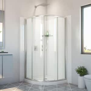 Prime 33 in. x 33 in. x 78-3/4 in. H Sliding Shower Enclosure Base and White Wall Kit in Brushed Nickel and Clear Glass