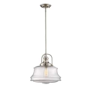 Garvey 14 in. W x 16.5 in. H 1-Light Polished Nickel Pendant Light with Curved Clear Glass Shade