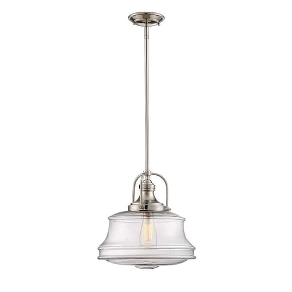 SAVOY HOUSE Garvey 14 in. W x 16.5 in. H 1-Light Polished Nickel Pendant Light with Curved Clear Glass Shade